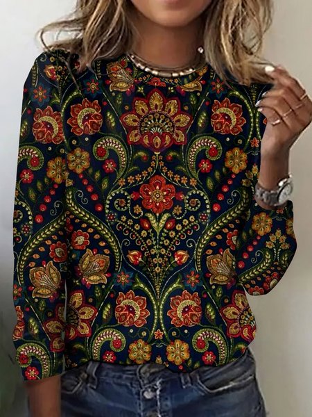

Vintage floral print long sleeved T-shirt, Dark blue, Long sleeves