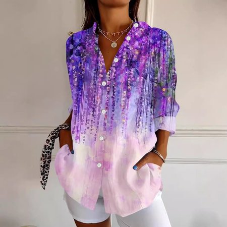 

Women's Purple Art Flowers Print Casual Long Sleeve Shirt, Blouses