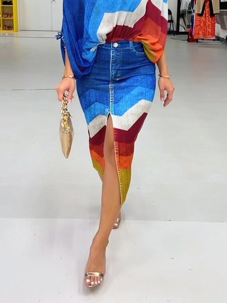 Casual 3D Printing Midi Skirt, Blue, Skirts