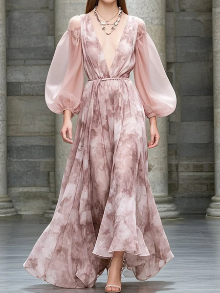 

Elegant Random Print Balloon Sleeve Maxi Dress With Belt, Pink, Maxi Dresses