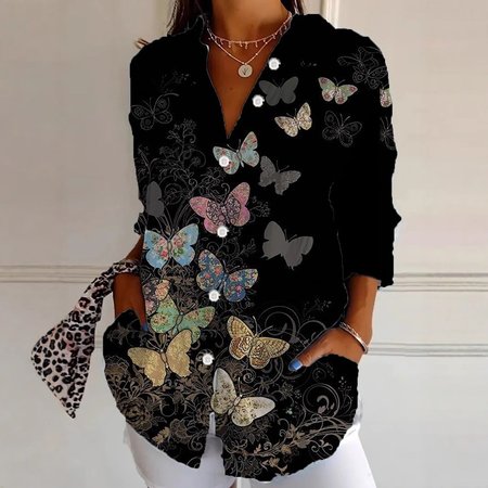 

Shirt Collar Long Sleeve Butterfly Regular Loose Shirt For Women, Black, Shirts