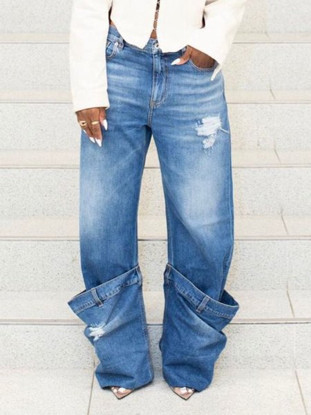 Denim Casual Loose Plain Jeans, Blue, Jeans