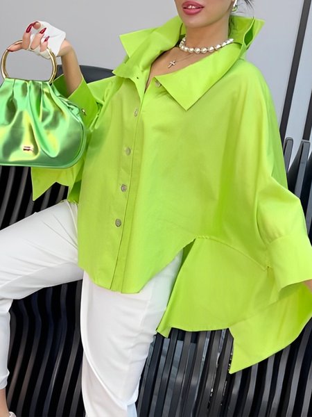 Casual Plain Shirt Collar Raglan Sleeve Shirt, Green, Blouses and Shirts