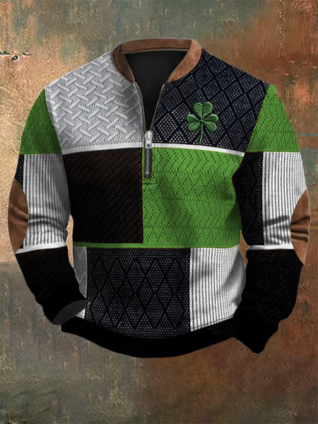 

Men's St. Patrick's Day Textured Print Zip Collar Sweatshirt, As picture, Hoodies&Sweatshirts