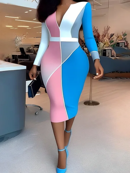 

Urban Colorblock Printing V Neck Maxi Dress, As picture, Maxi Dresses