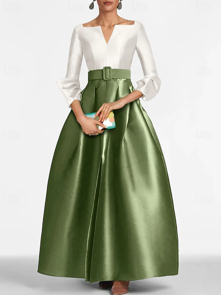 

Elegant Color Block V Neck Maxi Dress With Belt, As picture, Maxi Dresses