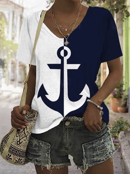 

Anchor print color blocked short sleeved T-shirt, Purplish blue, T-shirts