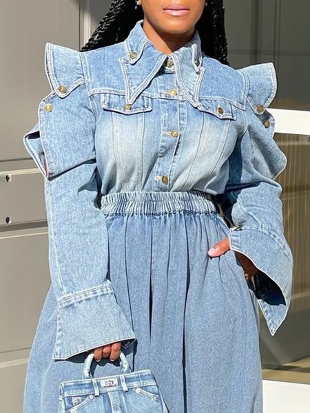 

Casual Pockets Plain Shawl Collar Denim Coat, Blue, Jackets