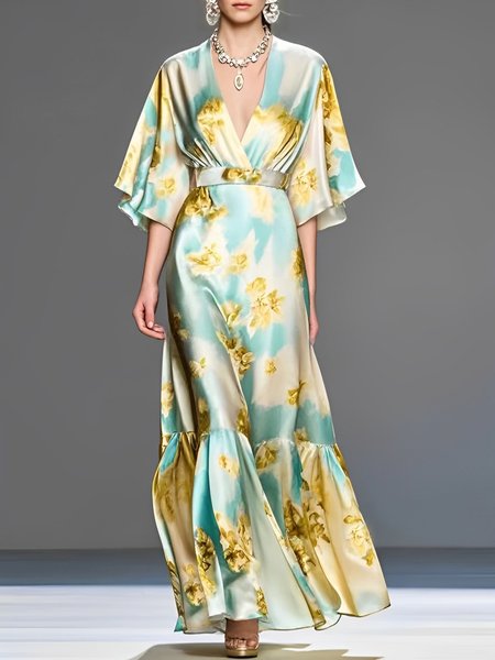 

Elegant Floral Ruffle Sleeve V Neck Maxi Dress With Belt, As picture, Maxi Dresses