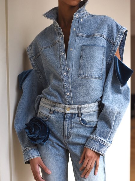 

Casual Plain Split Joint Off Shoulder Sleeve Denim Shirt, Blue, Blouses and Shirts