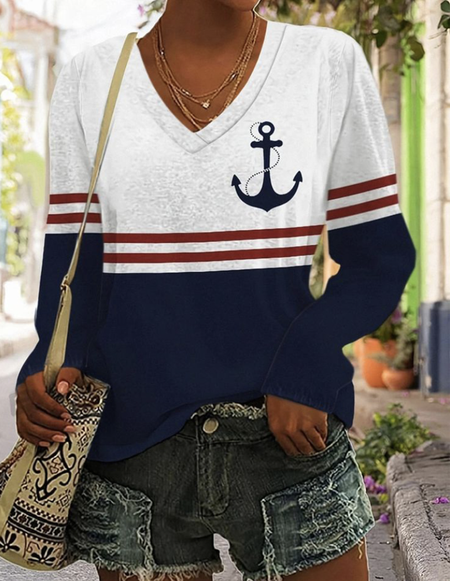

Anchor color blocked casual long sleeved T-shirt, White, Long sleeves