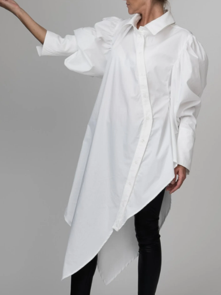 Casual Plain Buttoned Puff Sleeve Shirt, White, Blouses and Shirts