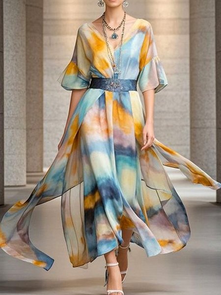 Vacation Tie-Dye Pattern Bell Sleeve Printing V Neck Maxi Dress, As picture, Maxi Dresses