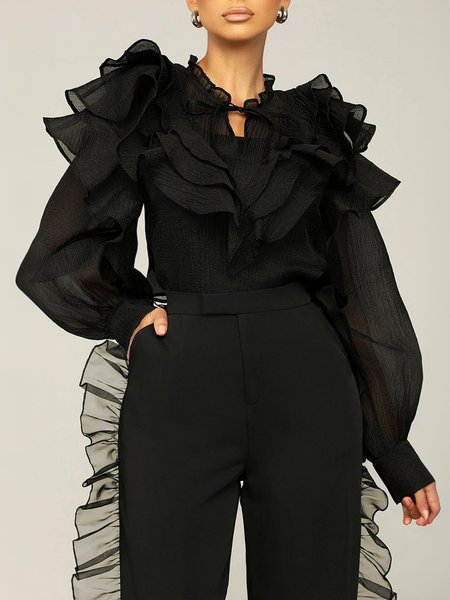 

Urban Plain Peplum Lotus Leaf Collar Balloon Sleeve Blouse, Black, Blouses and Shirts