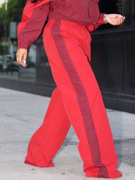 Casual Daily Color Block Straight Pants, Red, Pants