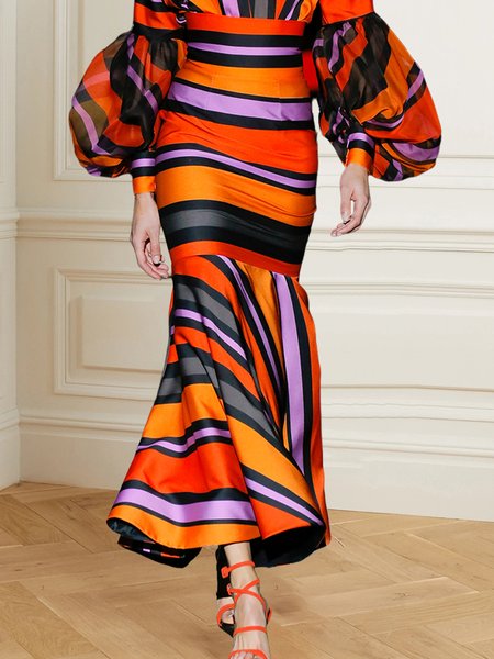 

Elegant Printing Striped Maxi Skirt, As picture, Skirts