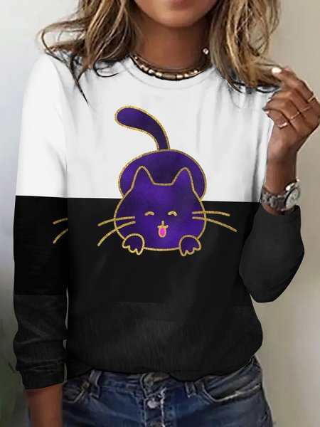 

Cute kitten printed long sleeved T-shirt, White, Long sleeves