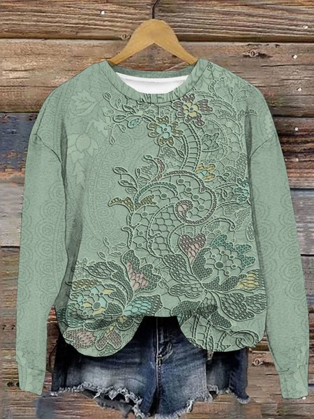 Floral Print Long Sleeve Crew Neck Sweatshirt, Green, Hoodies&Sweatshirts