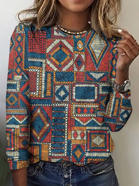 

Vintage Abstract Pattern Crew Neck Long Sleeve T-shirt, Red, T-shirts