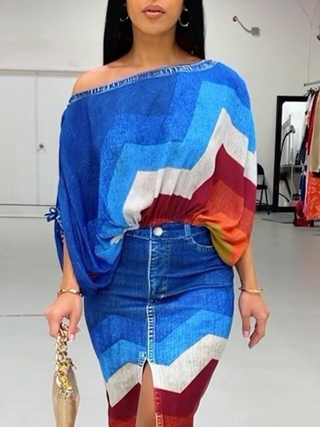 

Casual 3D Printing Ruched Off The Shoulder Raglan Sleeve Blouse, Blue, Blouses and Shirts