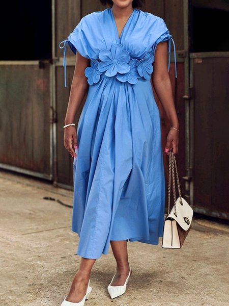 

Urban Plain Applique V Neck Midi Dress, Blue, Maxi Dresses