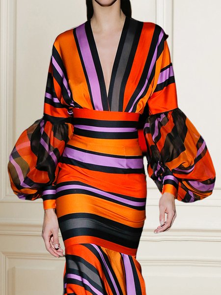 

Elegant Striped V Neck Balloon Sleeve Blouse, As picture, Blouses and Shirts