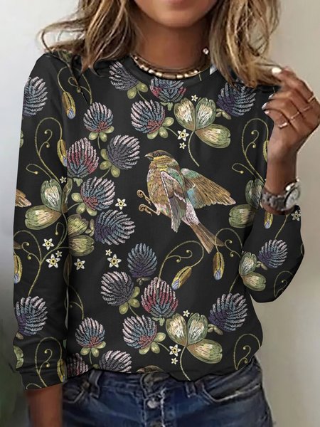 

Vintage Floral Bird Print Crew Neck Long Sleeve T-shirt, Black, T-shirts