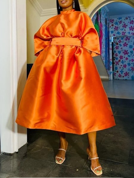 

Urban Plain Bell Sleeve Stand Collar Midi Dress With Belt, As picture, Maxi Dresses