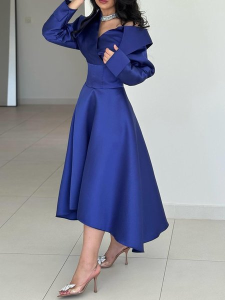 Elegant Plain Shawl Collar Maxi Dress, Blue, Maxi Dresses
