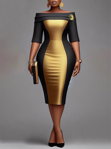

Elegant Color Block Off Shoulder Sleeve Split Joint Midi Dress With Brooch, Black-gold, Midi Dresses