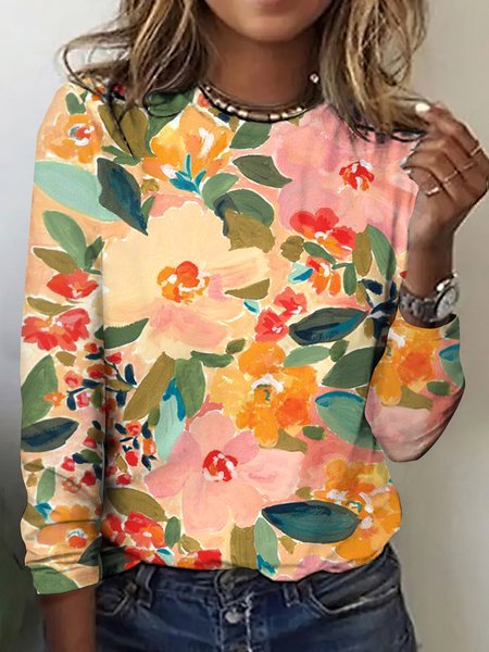 Plant and Flower Art Leisure Long Sleeve T-shirt, Orange, Long sleeves