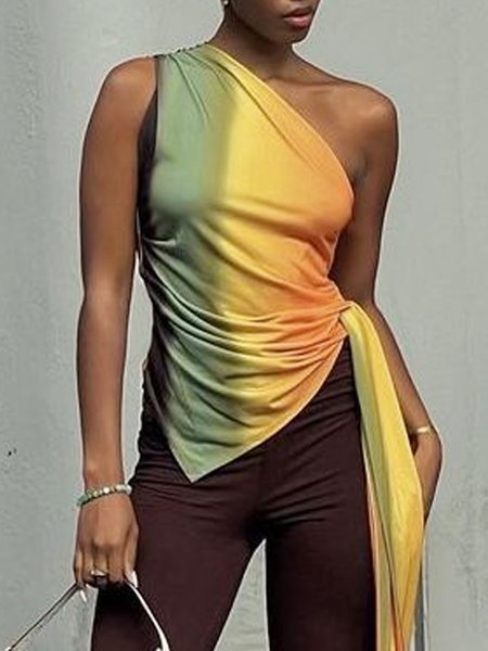 

Urban Colorblock Knot Front Asymmetrical Tank Top, As picture, Tanks and Camis