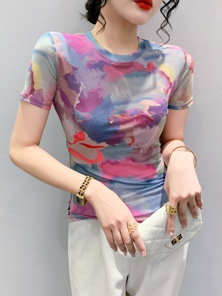 Casual Abstract Crew Neck T-shirt, As picture, Tees