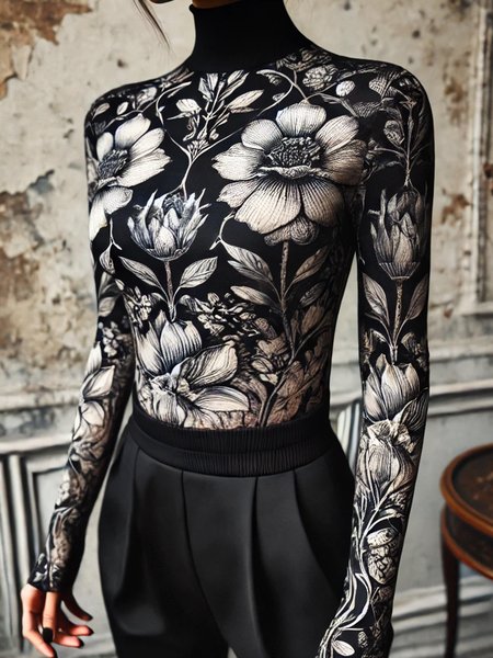 

Urban Floral Printing Turtleneck T-shirt, Black-white, Tees