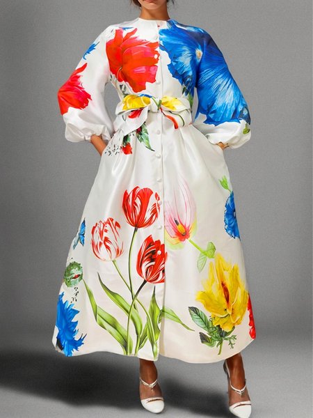 

Elegant Floral Balloon Sleeve Pocket Stitching Maxi Dress With Belt, As picture, Maxi Dresses