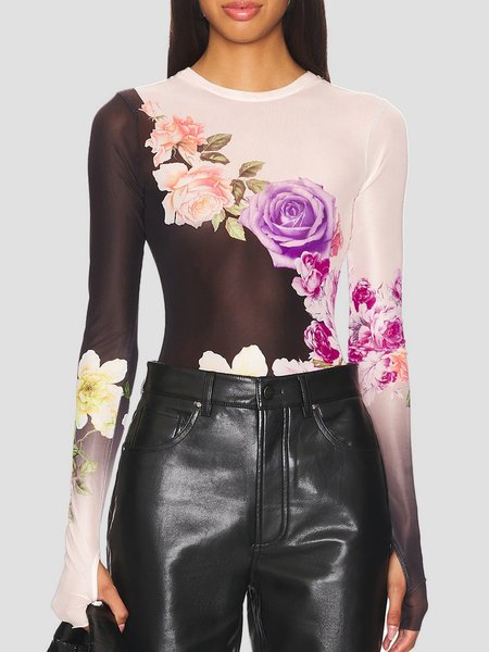 

Casual Floral Crew Neck T-shirt, As picture, Tees