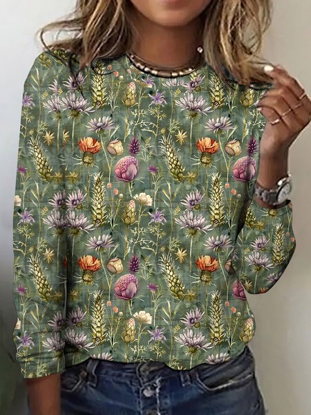 

Vintage Plaid Crew Neck Long Sleeve T-shirt, Lightgreen, T-shirts