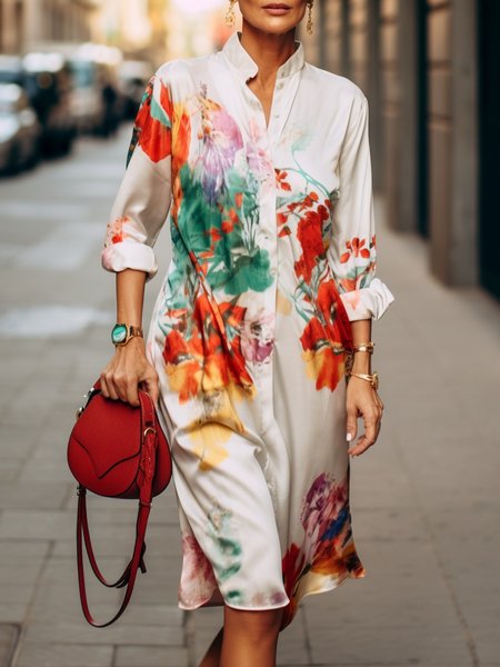 Urban Floral Stand Collar Knee Length Dress, As picture, Midi Dresses