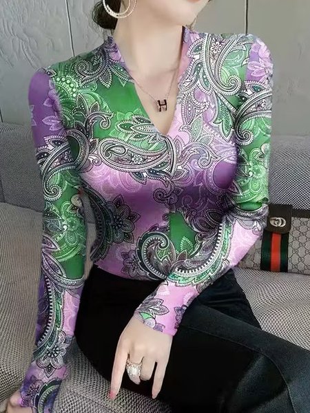 Elegant Paisley Printing V Neck T-shirt, As picture, Tees