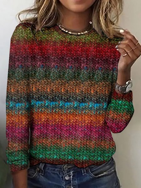 Sweater texture rainbow colored long sleeved T-shirt, Red, Long sleeves