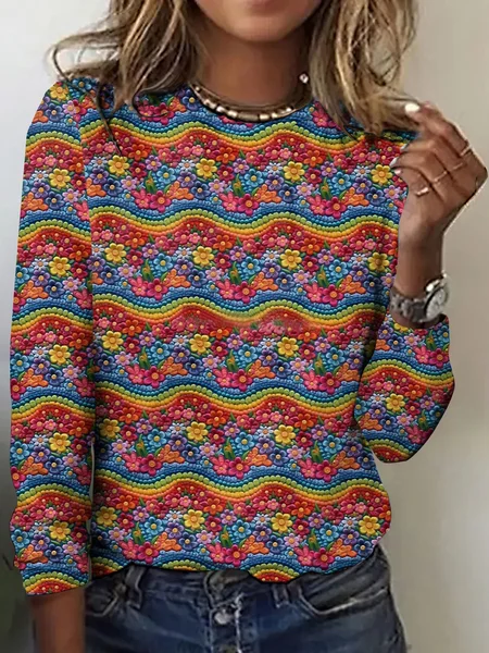 

Rainbow Flower Embroidery Long Sleeve T-shirt, Multicolor, Long sleeves