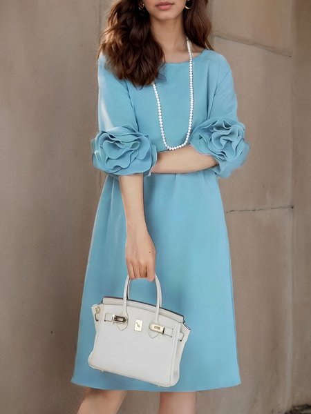 Elegant Plain Ruffle Sleeve Crew Neck Knee Length Dress, Blue, Midi Dresses