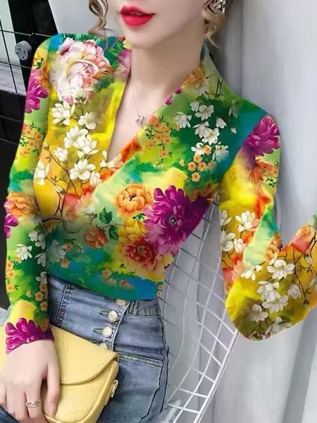 Elegant Floral Printing V Neck T-shirt, As picture, Tees