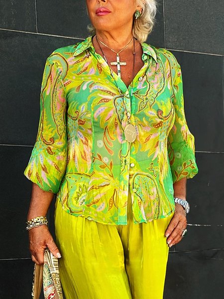 

Casual Botanical Pattern Printing Shirt, Green, Blouses and Shirts