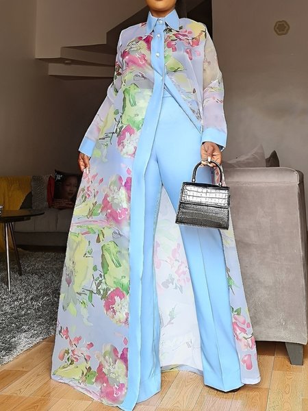 Urban Floral Split Joint Shirt Collar Shirt, Blue, Blouses and Shirts