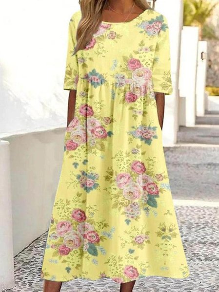 Crew Neck Casual 3D Printing Loose Dress With No, Yellow, Maxi Dresses