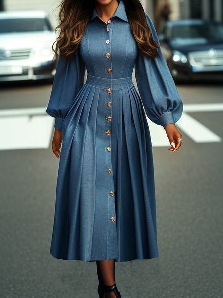 

Elegant Faux Denim Shirt Dress, Denim blue, Midi Dresses