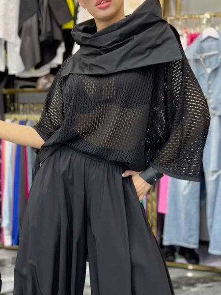 

Casual Plain Split Joint Raglan Sleeve Blouse, Black, Blouses and Shirts