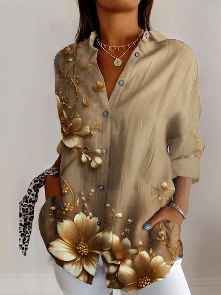 

Shirt Collar Long Sleeve Geometric Regular Micro-Elasticity Regular Fit Shirt For Women, Khaki, Shirts