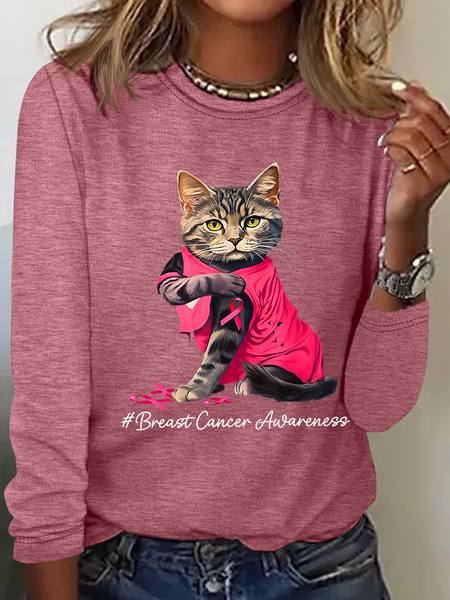 

Breast Cancer Awareness Cat Casual Long Sleeve Shirt, Watermelon, Long sleeves